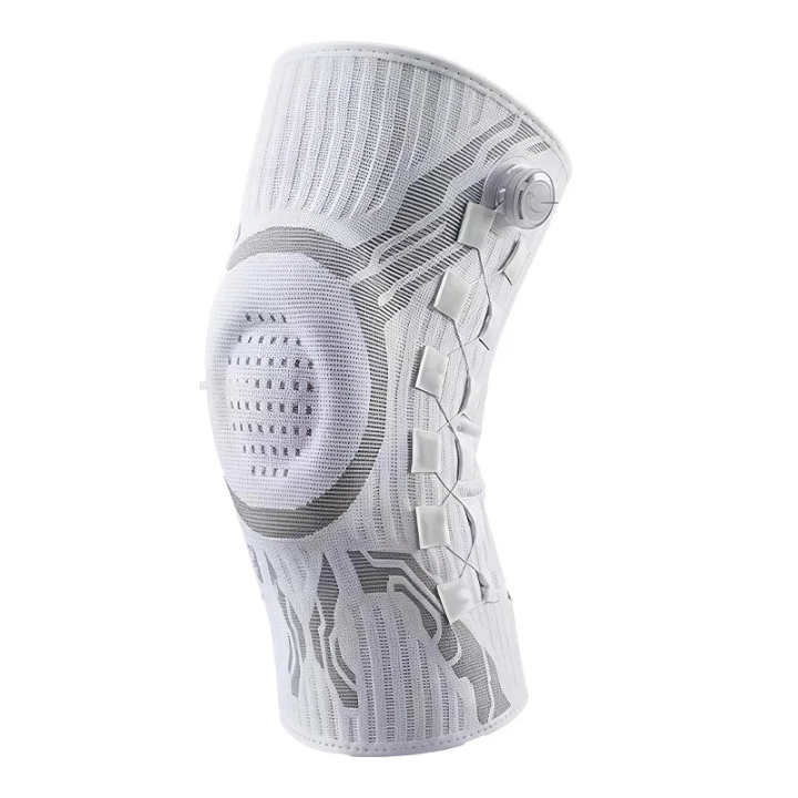 Light gray knee brace with side adjustment dial and lacing