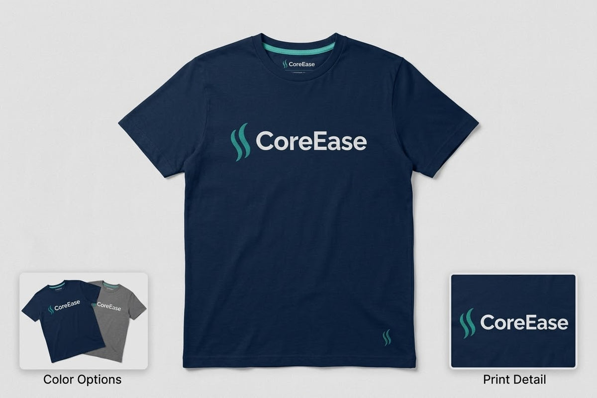 Navy COREEASE T-shirt with white lettering, teal chest emblem and small teal hem logo