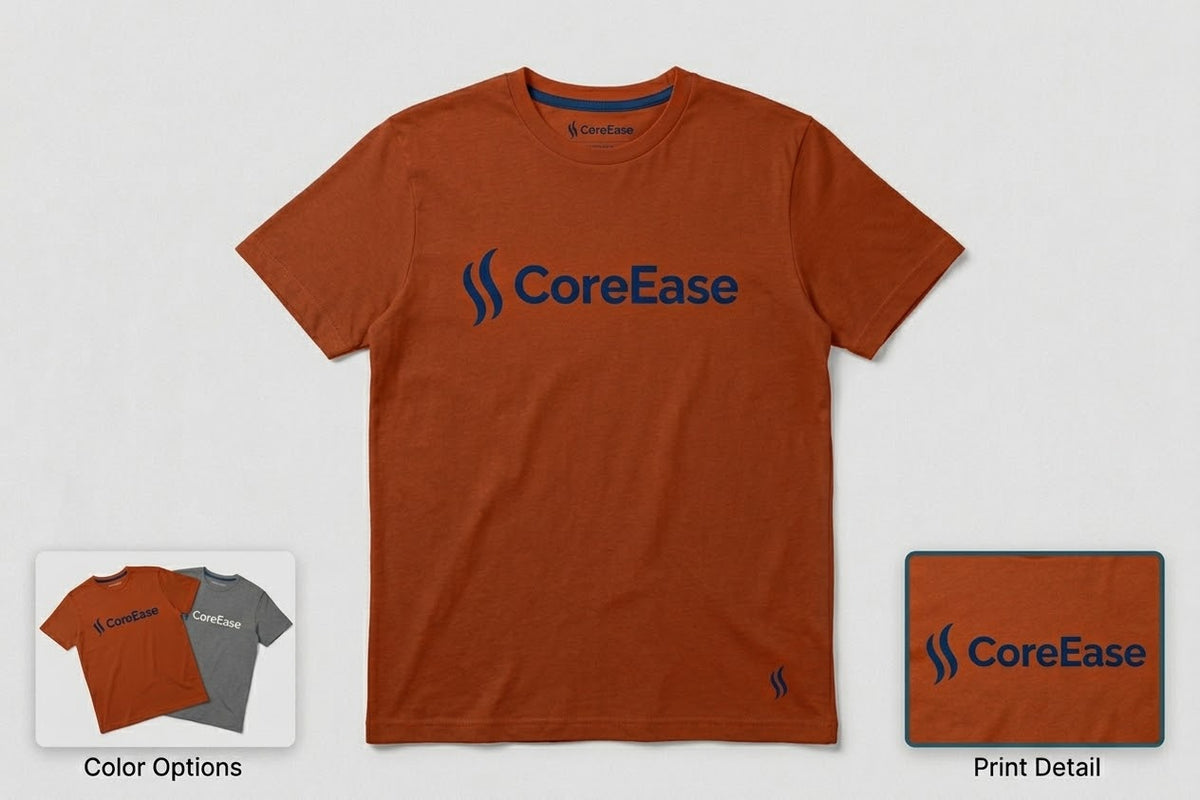 Burnt-orange COREEASE T-shirt with navy chest graphic and small hem logo