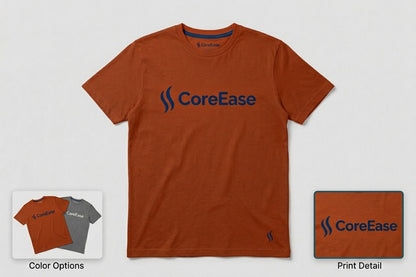Burnt-orange COREEASE T-shirt with navy chest graphic and small hem logo