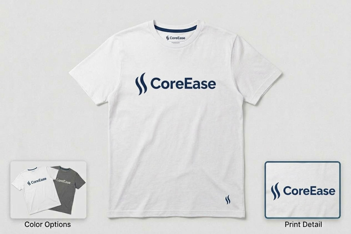White COREEASE T-shirt with navy chest graphic and small hem logo