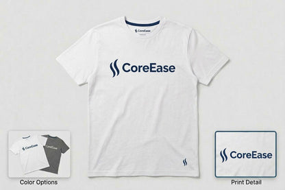 White COREEASE T-shirt with navy chest graphic and small hem logo