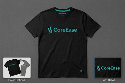 Black COREEASE T-shirt with teal chest graphic and small hem logo