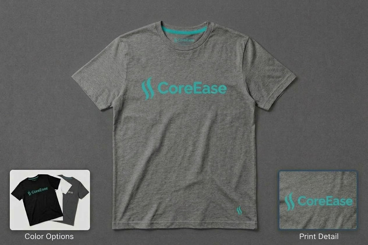 COREEASE heather grey T-shirt with teal chest and hem logos