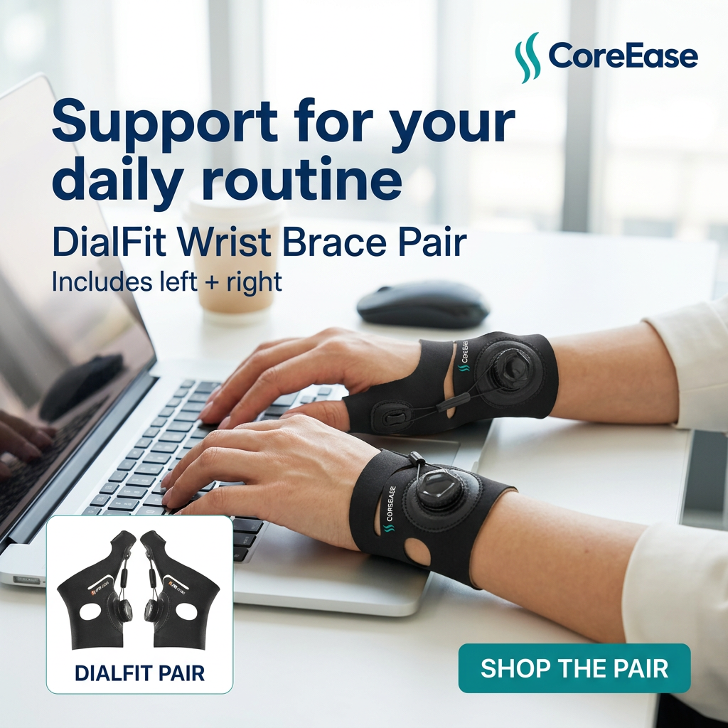 CORE EASE wrist brace pair desk lifestyle ad
