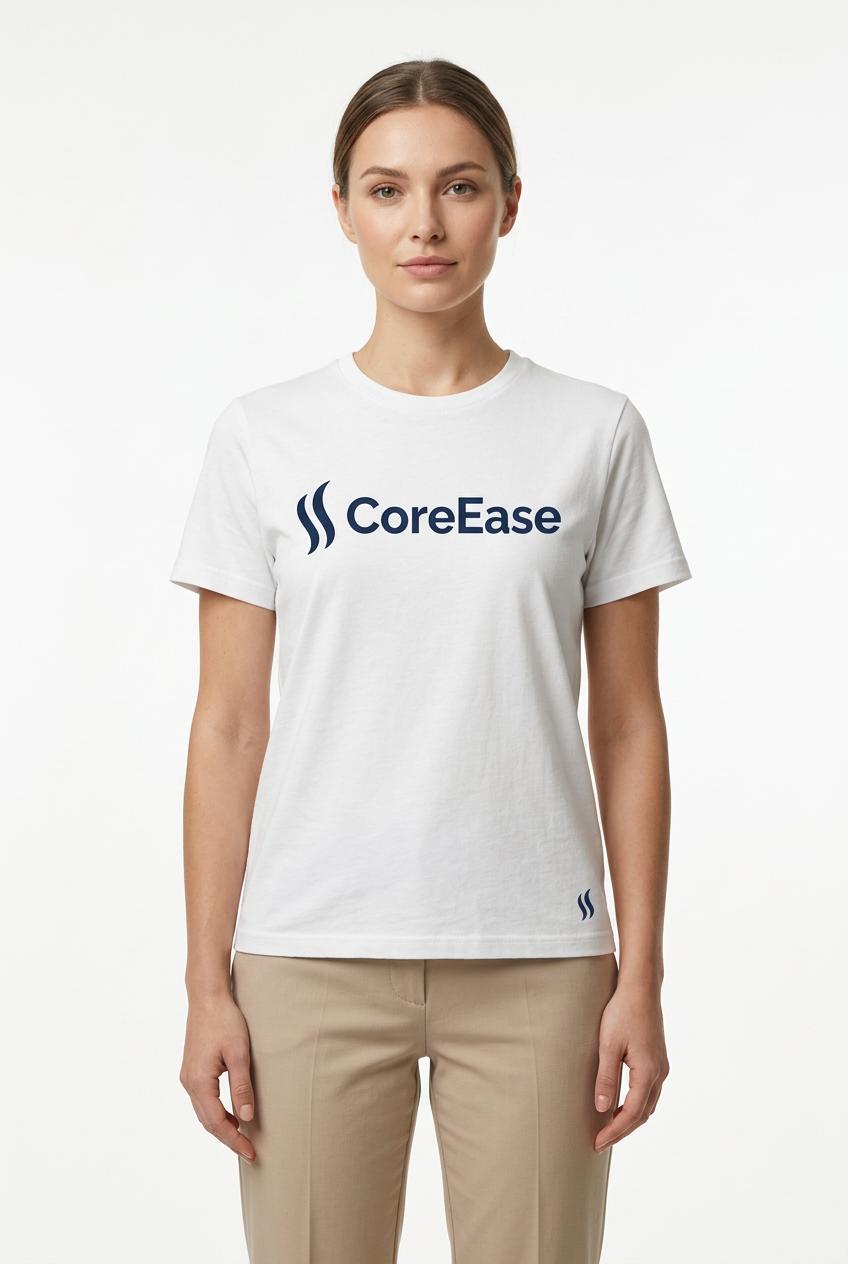 Female model wearing white CoreEase T-shirt