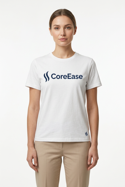 Female model wearing white CoreEase T-shirt